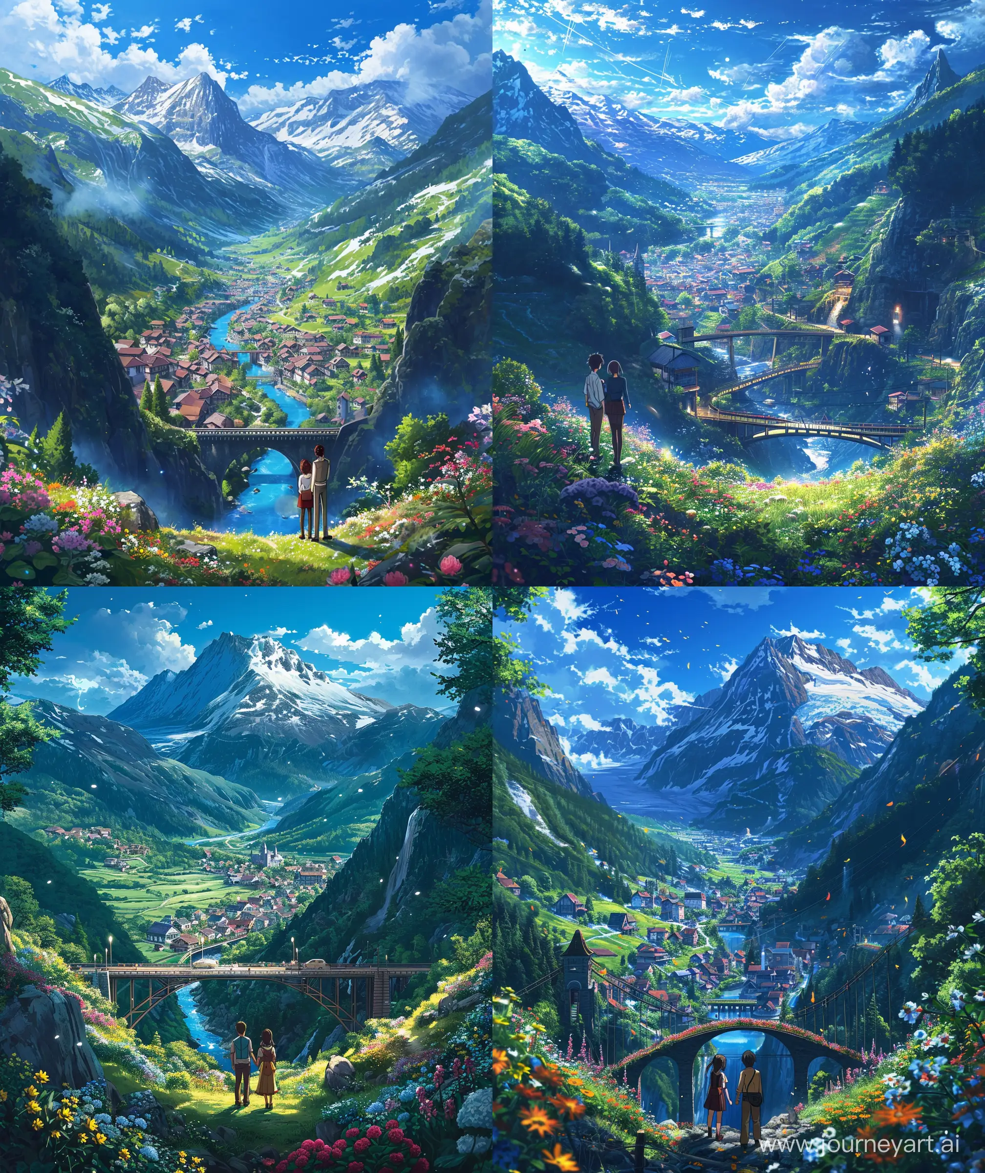 Mokoto shinkai style A beautiful mountain valley, bridge, small town, town view from top, blue sky, couple looking at town, Ghibli vibe, flowers around, ultra HD, luminating light --ar 27:32 --v 6.0