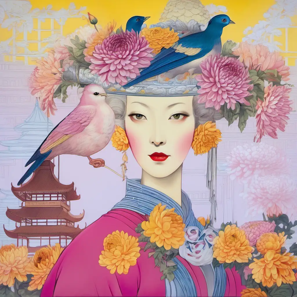 Lady with bird and pagoda headdress, pink chrysanthemums, yellow roses 