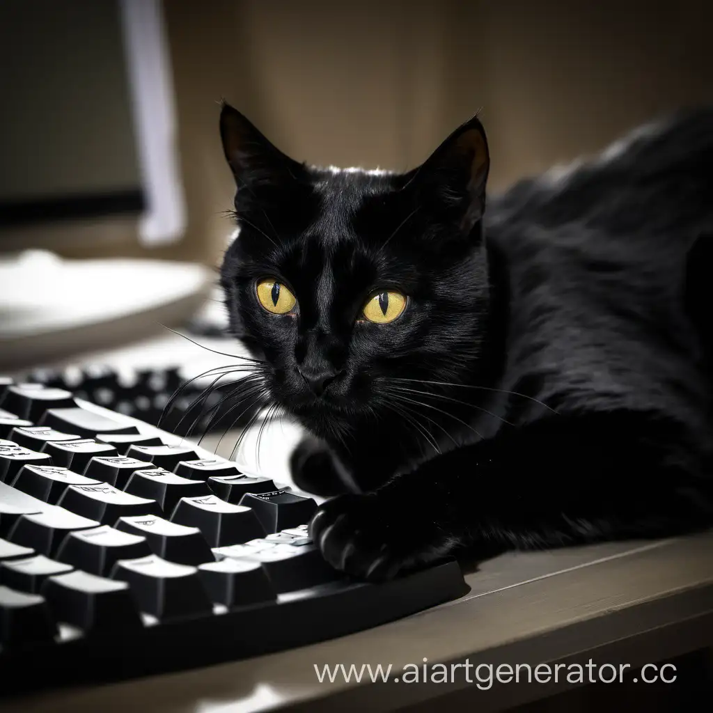 The black Cat is working on the keyboard