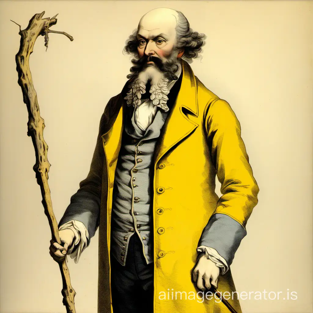 A stout man in the prime of life with a gray blouse, a yellow coat, a gnarled stick, a shaved head, and a long beard, in 1815.