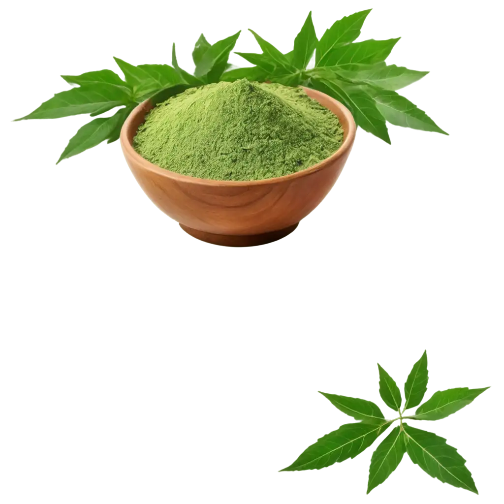Aesthetic-PNG-Image-Neem-Powder-Bowl-Surrounded-by-Fresh-Leaves-and-Herbs