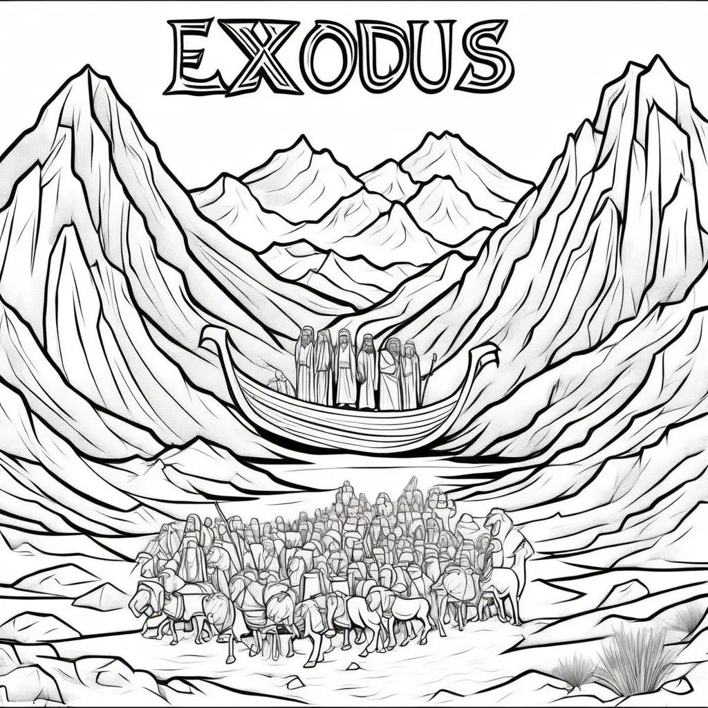 
Generate a simple non-colored vector image for use as a colorable activity for children ages 3 years. The colorable image that should have the word " Exodus "in a colorable 2D format. Use the spelling indicated prior. The vector artwork should reflect the book of Exodus. The back ground should be Mount Sinai with Moses on the mountain