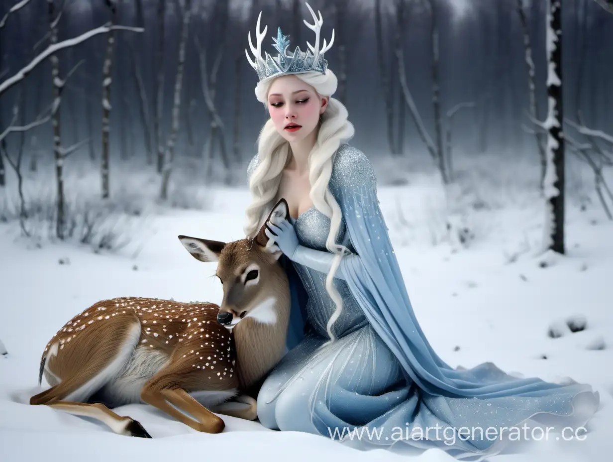 Снежная королева обнимает оленя сидя в снегу и плачет, олень лежит у неё на коленях. Снежная королева плачет, склонив голову. 
Одежда: Снежная королева одета в дорогую и тёплую шубу, украшенную блестящими драгоценностями. На её голове ледяная корона.
Фон: За горизонтом виден маленький снежный лес. На фоне волки
Снег немного блестит. Идёт небольшой снегопад.
Вид справа снизу