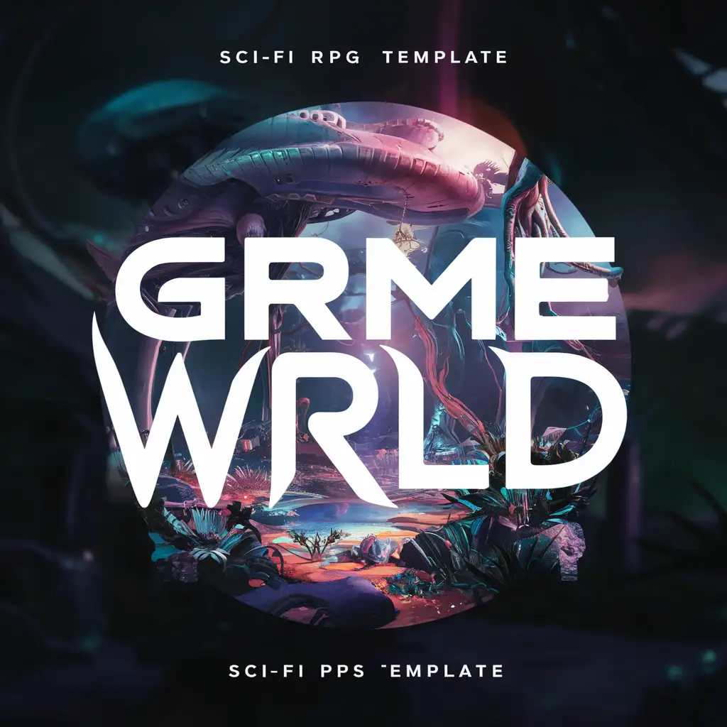 SCI FI FPS RPG VIDEO GAME LOGO TEMPLATE, ALIEN, PLANET WITH LETTERS "GRME" ON TOP AND LETTERS "WRLD" UNDERNEATH, ALIEN OASIS BACKGROUND