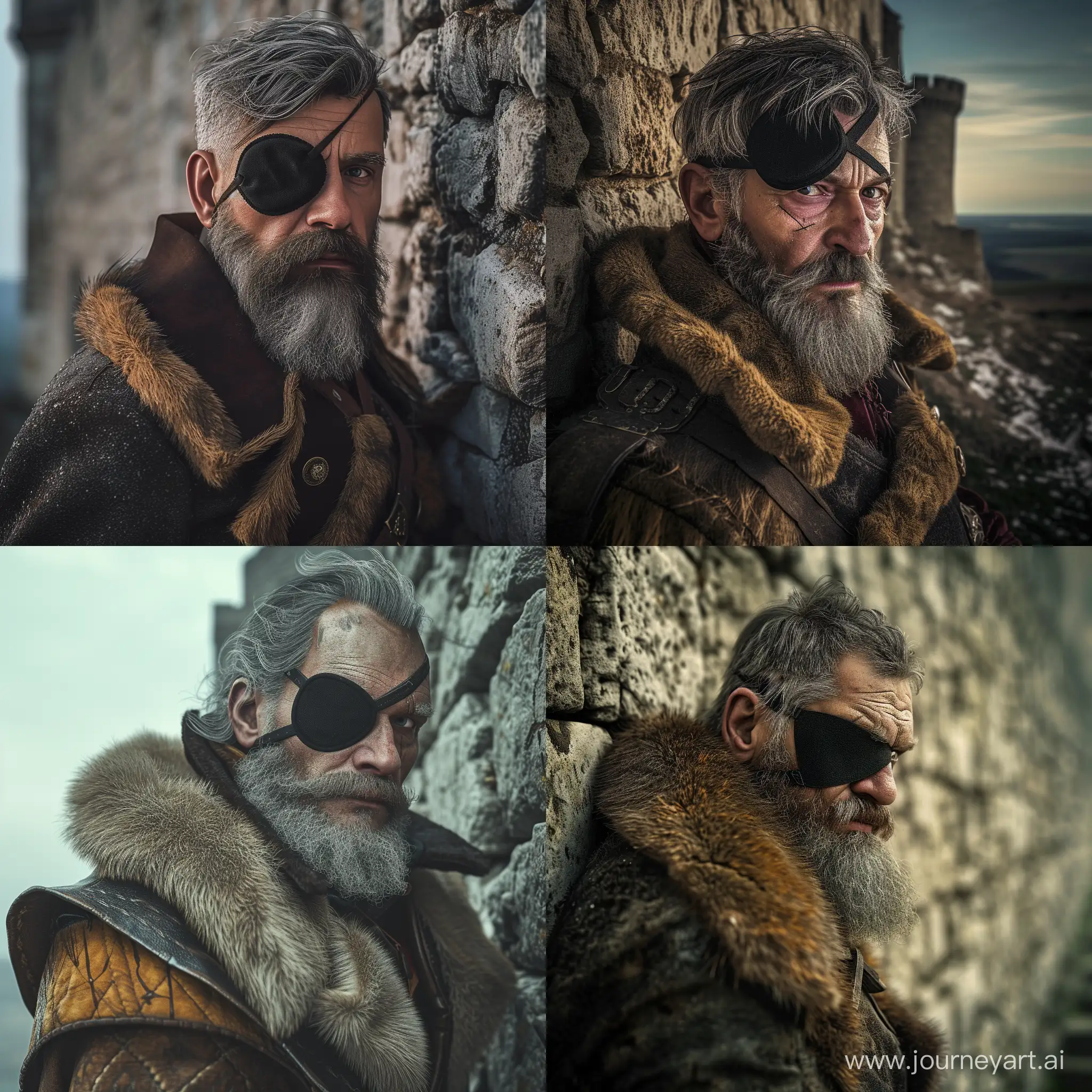 Czech Warlord Jan Zizka, Grizzled Beard, Thinning Gray Hair, his one eye is hidden with a black cloth eyepatch, wearing a coat with fur collar and fur hat, cinematic shots, realistic, 4k, photo realistic, cinematic lighting, full posing at a castle wall