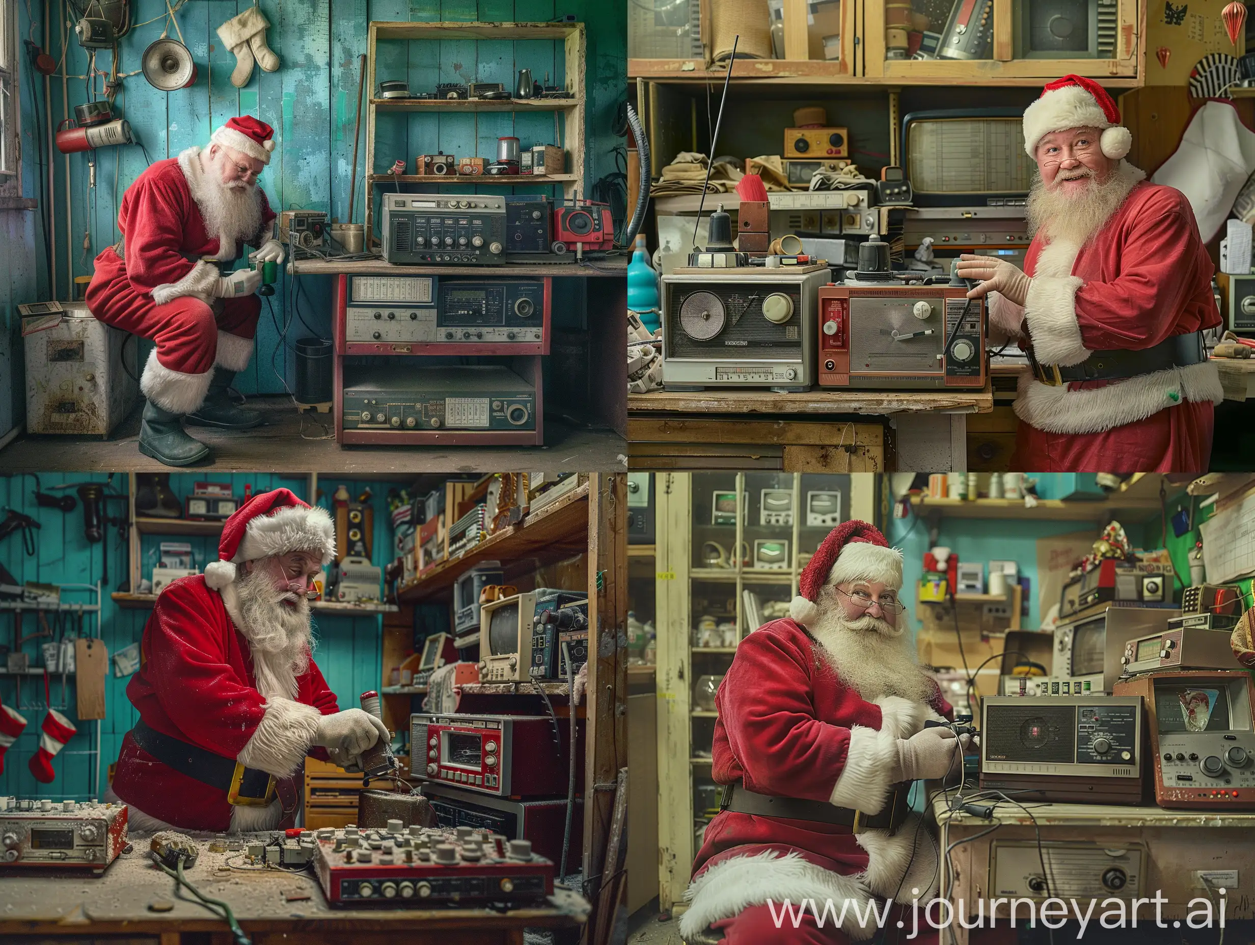 Santa Claus works as a repairman in a small radio shop in Russia, very good photo