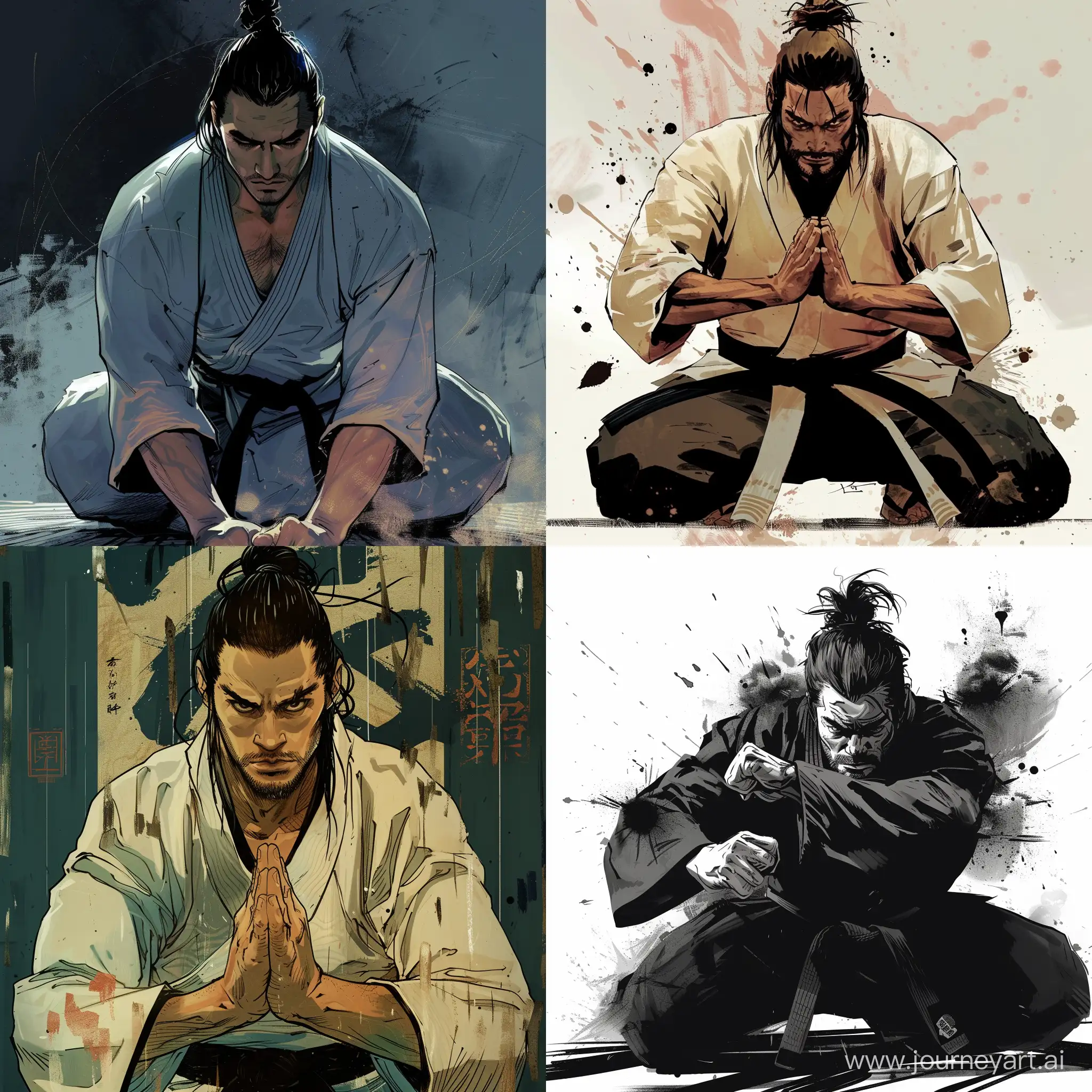 a samurai with a cool gaze solemnly bowing to do karate in dynamic pose, graphic novel