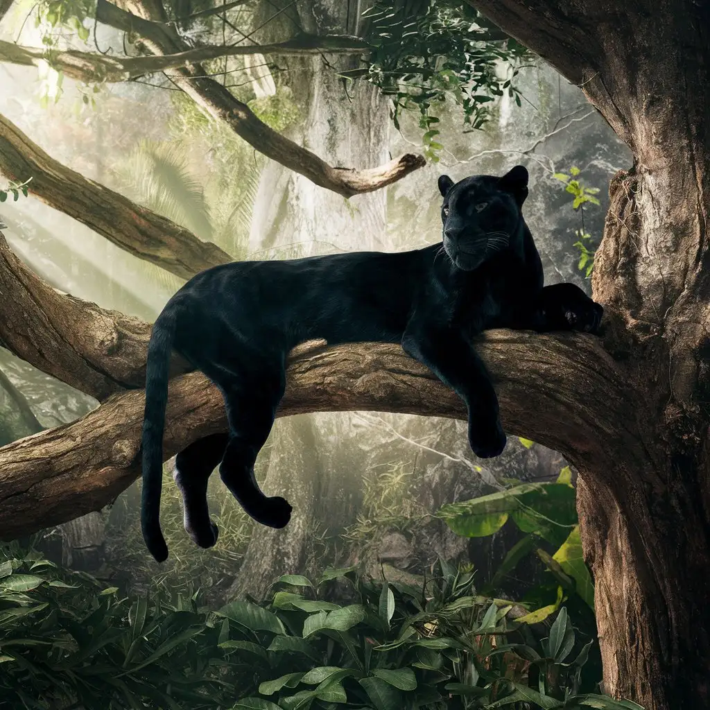 Relaxed Black Panther Resting on Tree Branch