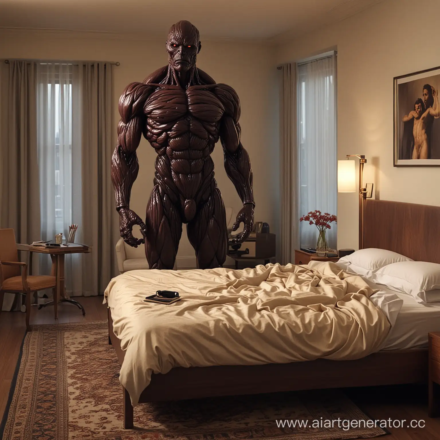 Mans-Apartment-Bedroom-with-Giant-Humanoid-Raisin