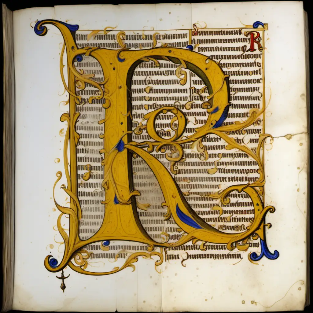 Manuscript, illuminated manuscript, letter R, covered in gooey yellow pain, quill, medieval