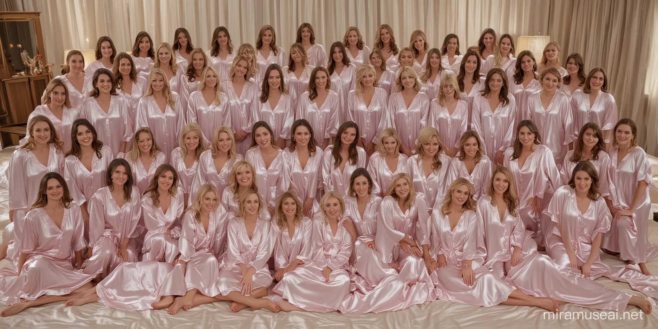 Gathering of Women in Milky Satin Nightgowns on Giant Bed