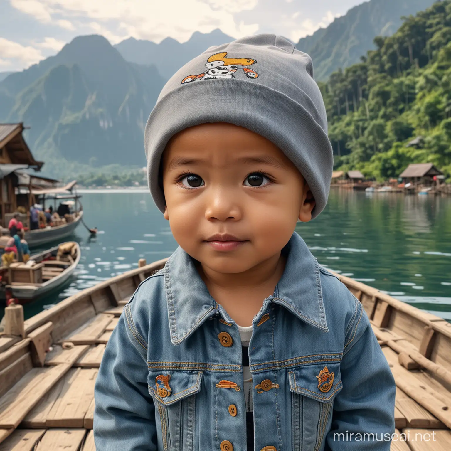 Seorang anak laki-laki Indonesia ganteng berusia 2 tahun, botak, mengenakan beanie berwarna abu-abu menghadap ke depan,jaket jeans bergambar kartun, sedang di sampan besar beratap kayu, latar belakang, beberapa sampan di danau gambar asli seperti ultra HD 8K asli