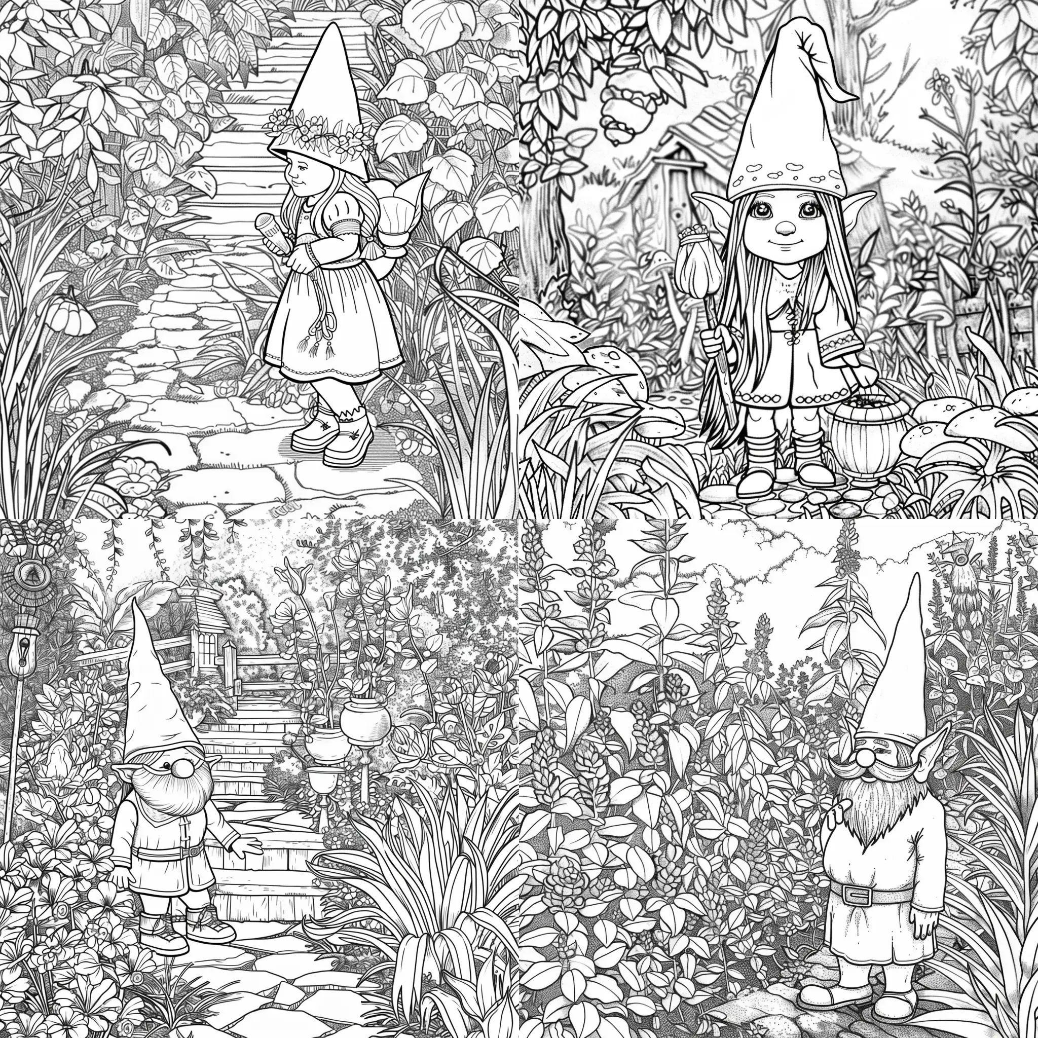 Whimsical-Female-Gnome-Coloring-Page-in-Enchanting-Garden