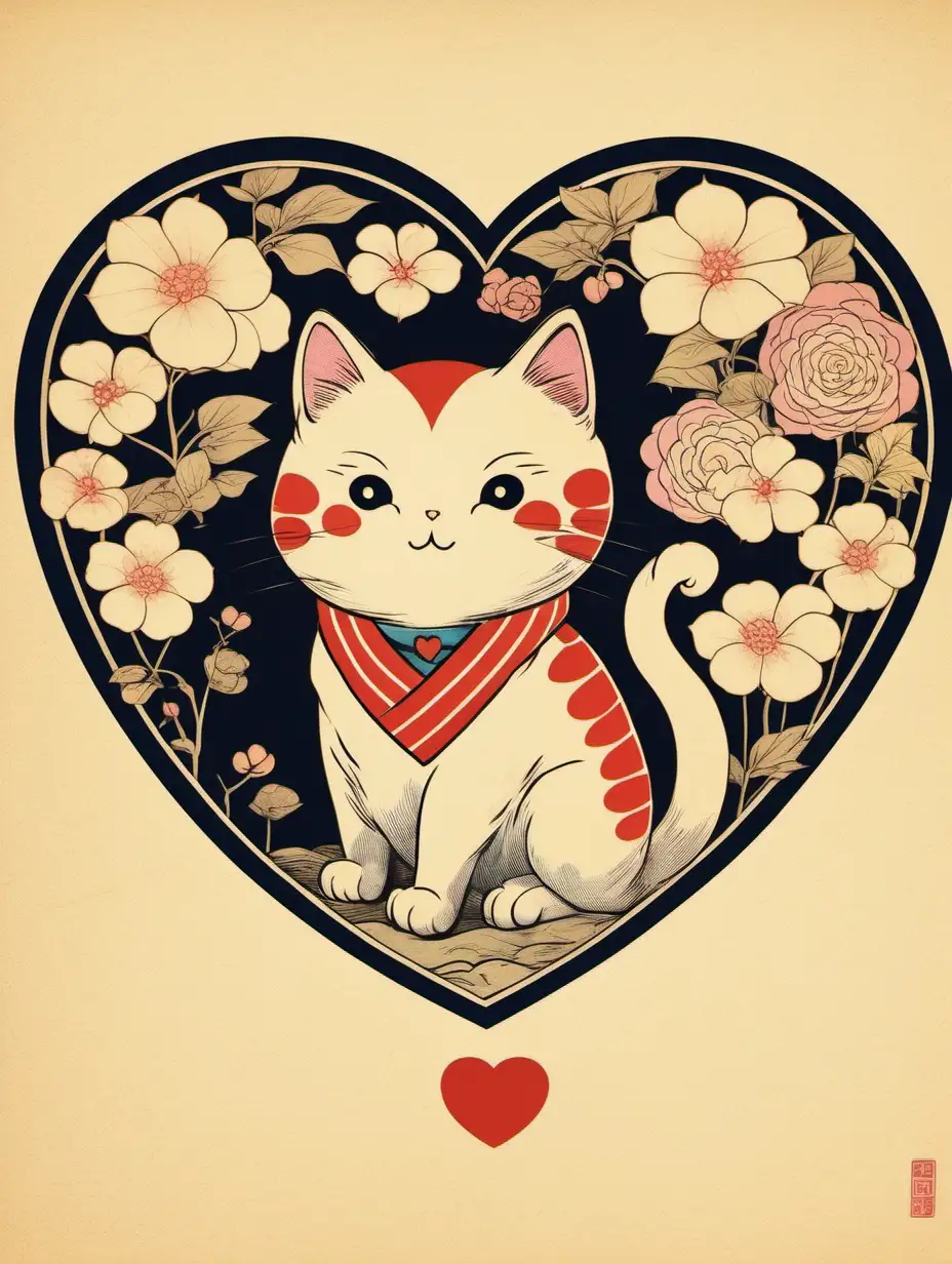 Japanese drawing of a cat inside a heart. Japanese retro style. 