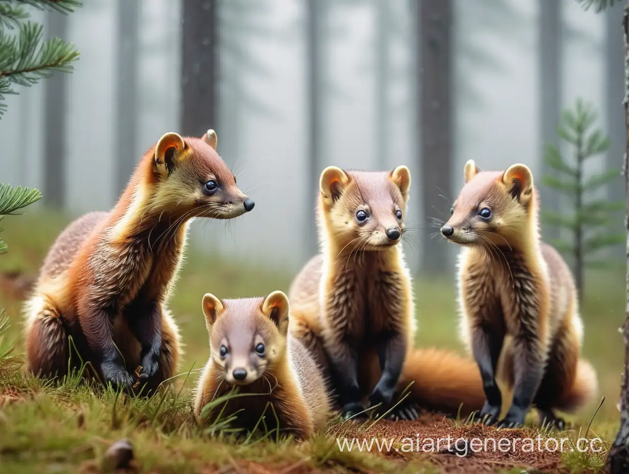 4 martens (animals), close-up, pine forest, meadow, fog, day.

