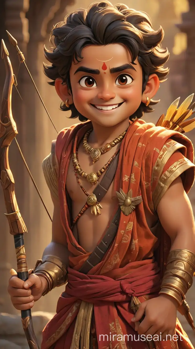 Adorable happy and handsome looking lord Ram smiling in ethnic cloths with his bow and arrow
