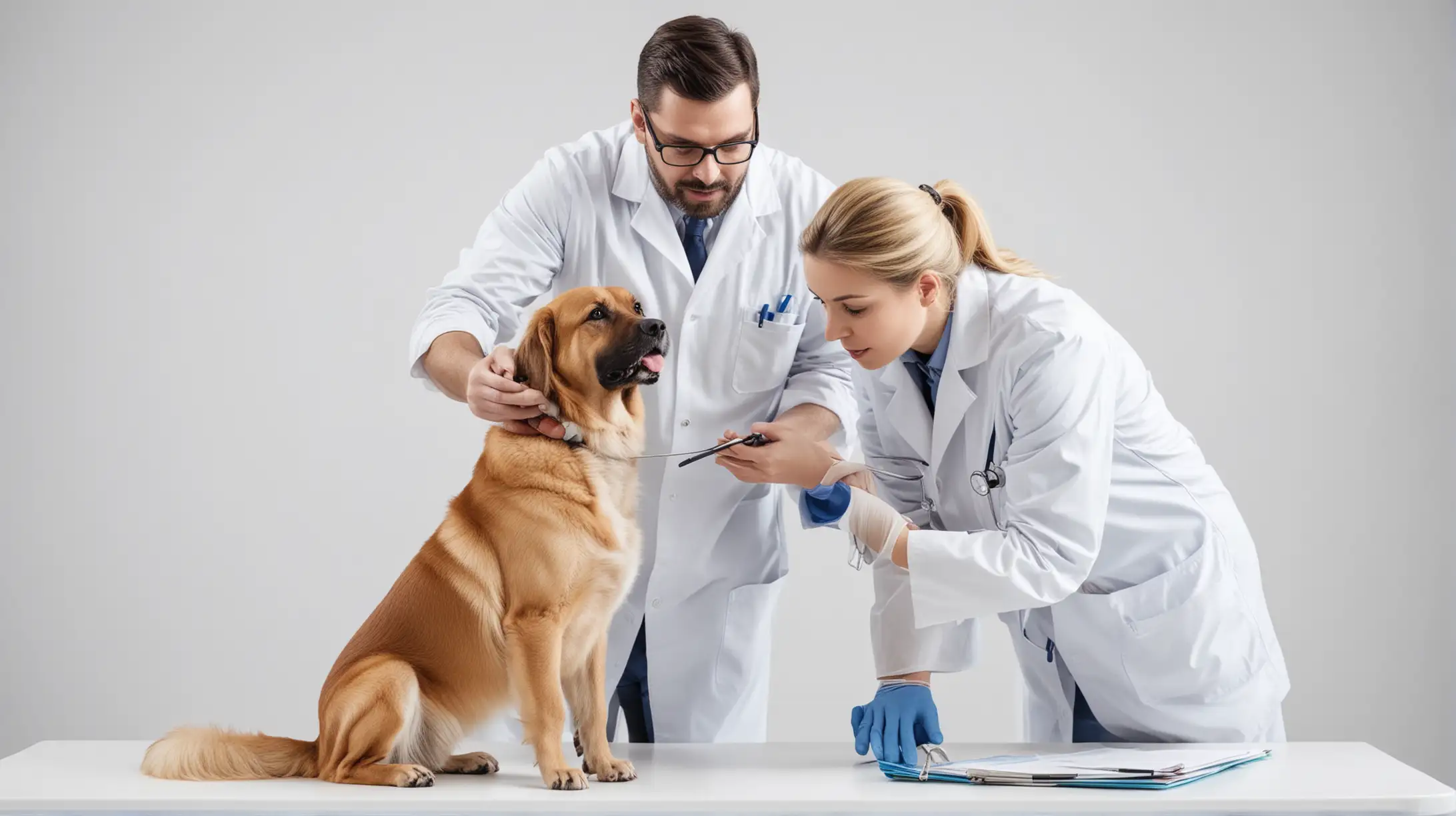 Veterinarians Examining Dog on White Background