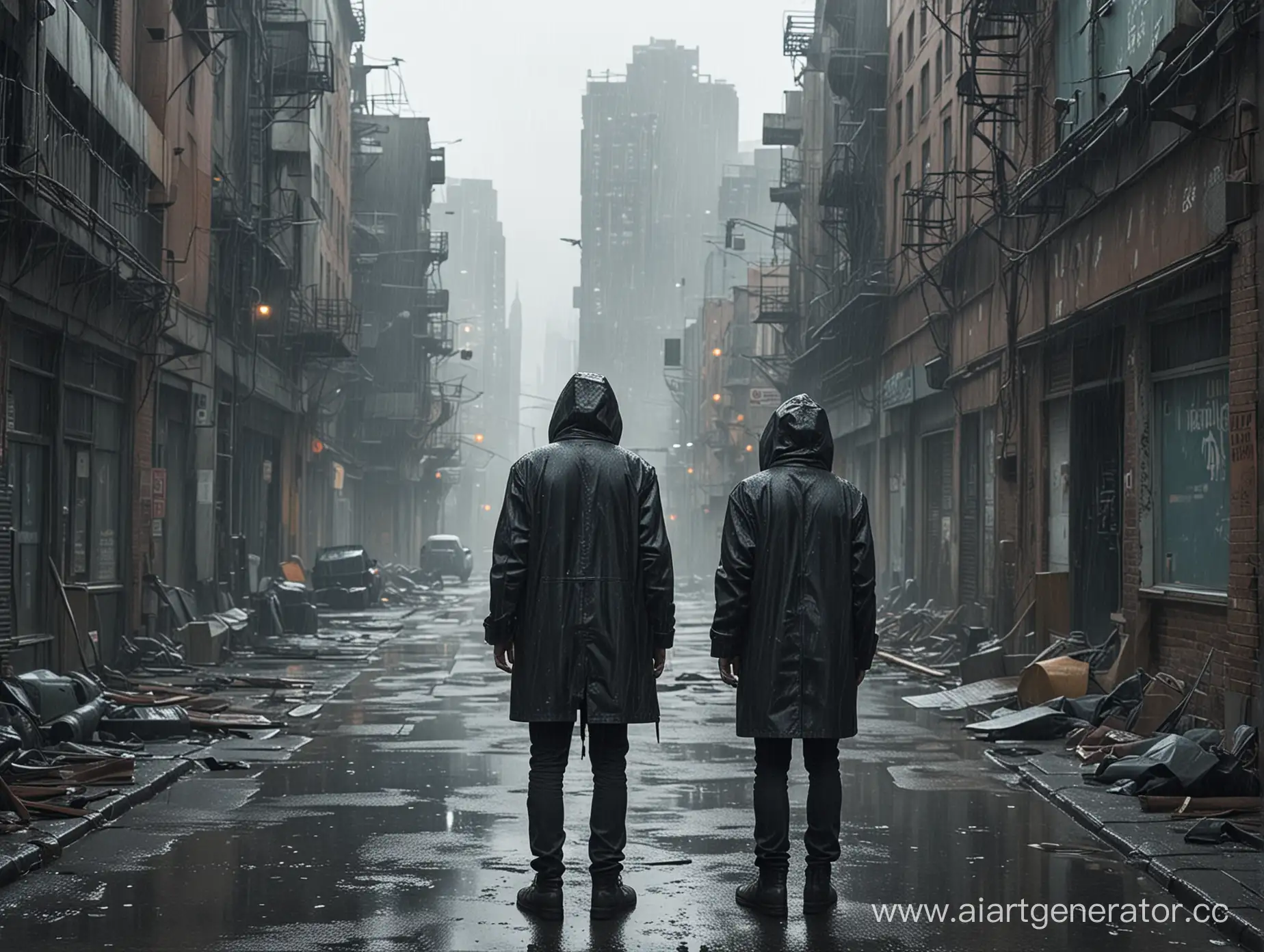 Заброшенный город, 2080 год, один человек стоит спиной, дождь, высокая детализация 

Отрицательный промт: других людей нет 