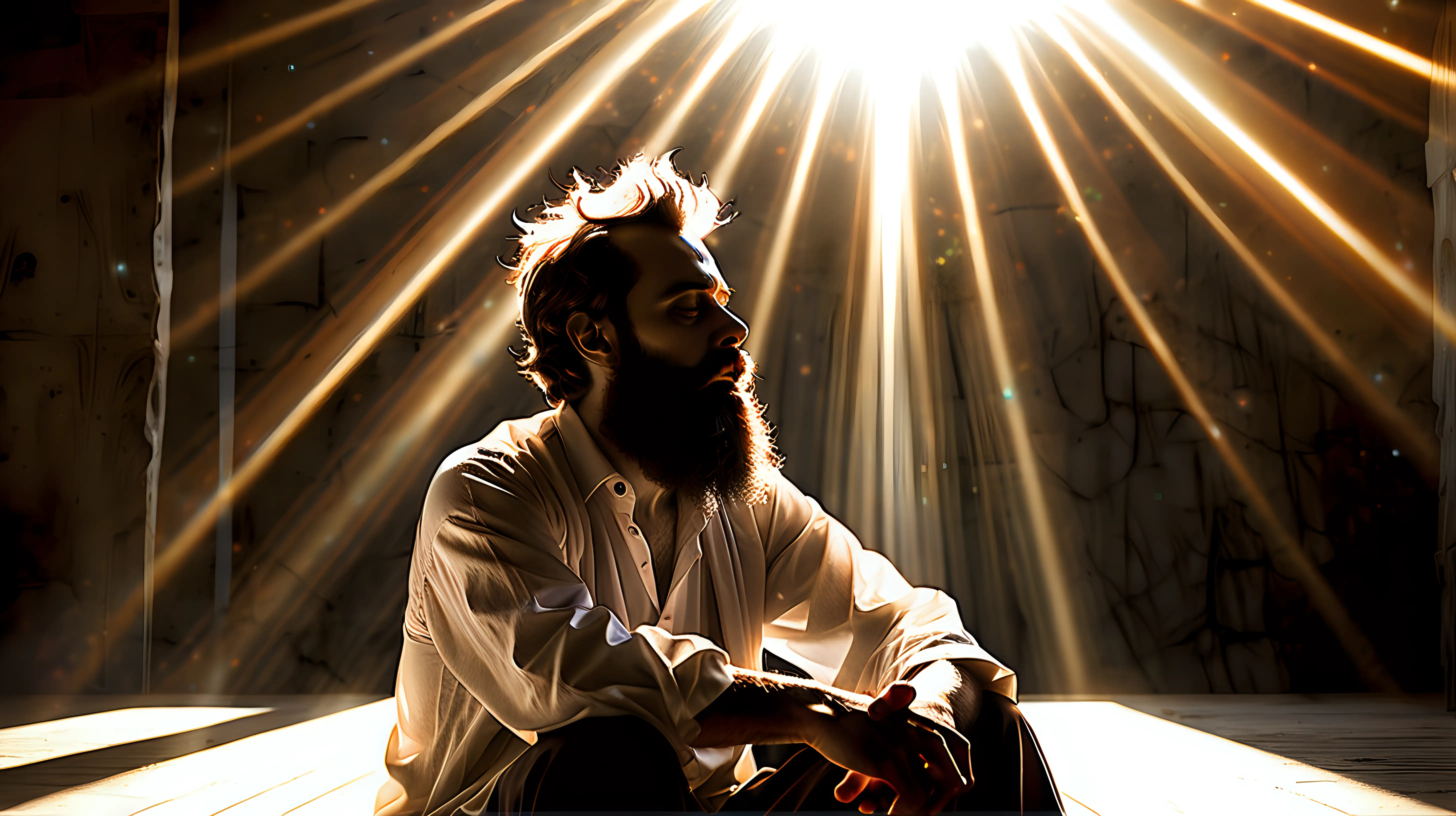 /imagine prompt: An image of a moment of enlightenment as a bearded man with an aura of wisdom touches the head of a seated, pensive person in a modern setting, with rays of light emphasizing the profound interaction. Created Using: moment of enlightenment, aura of wisdom, profound interaction, modern setting, rays of light, wisdom figure, pensive seated person --ar 1:1 --v 6.0
