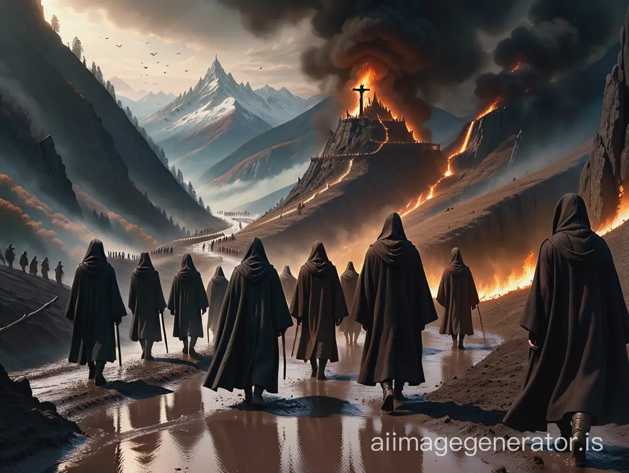 groups of people in dark robes with hoods walking in mud along mountain slopes, matte painting, Tadeusz Pruszkowski, shutter, digital art, burning in hell, crucifixion, Lord of the Rings movie, superb detail, 8k masterpiece, trending on artstation, by Greg Rutkowski and Gaston