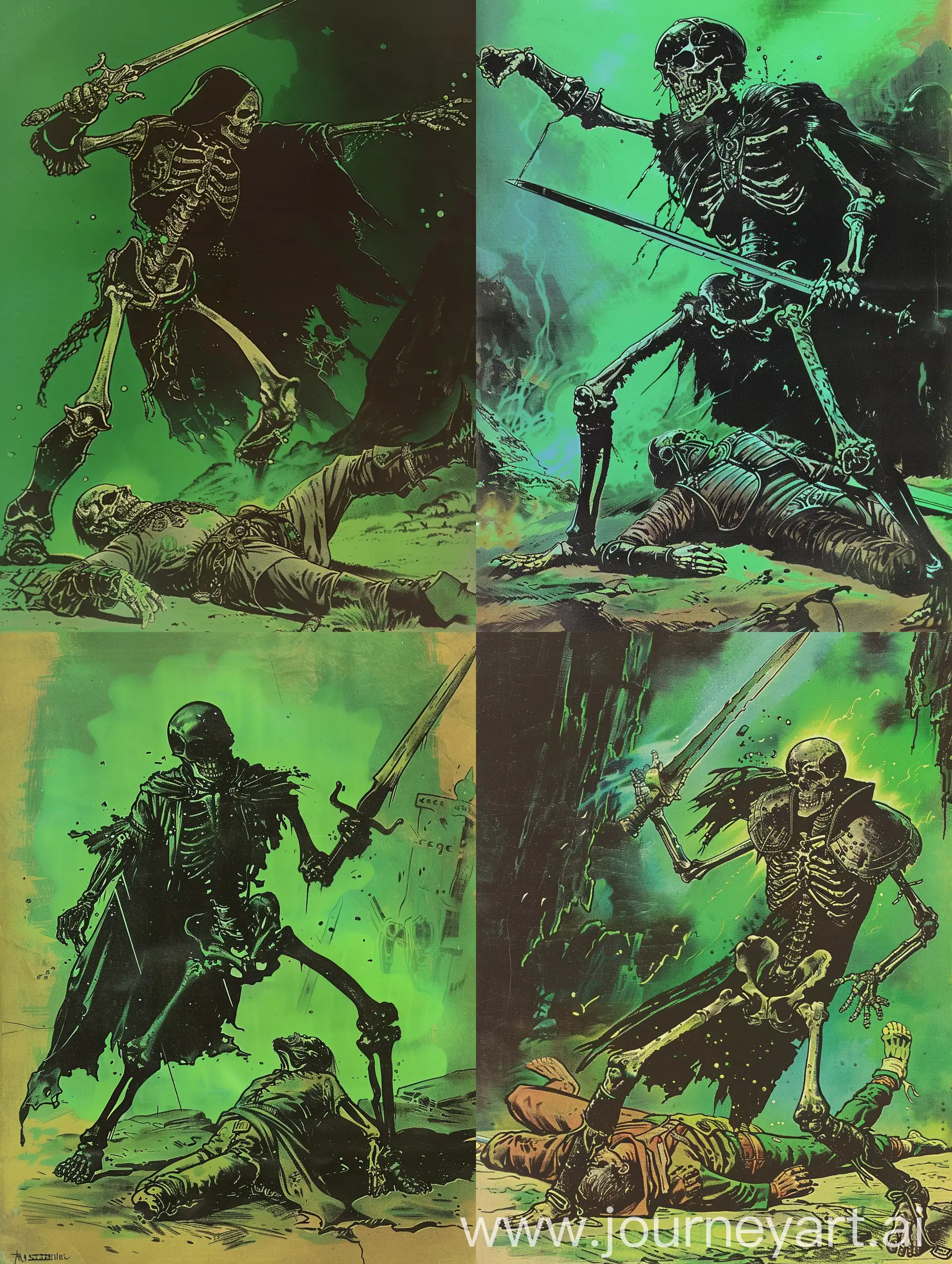 1970s dark fantasy book cover paper art dungeons and dragons style, drawing of a black skeleton in armor with a cloak swings a sword with the blade pointing down at a lying warrior, green colors, green glow