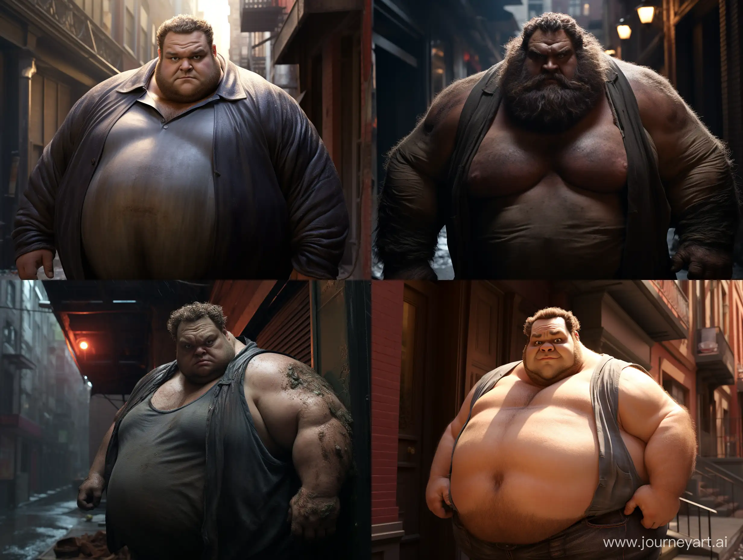 Thor, very fat, looking at the camera, half body, with a big belly, in the alley, realistic, cinematic lighting, --ar 4:3 --q 2