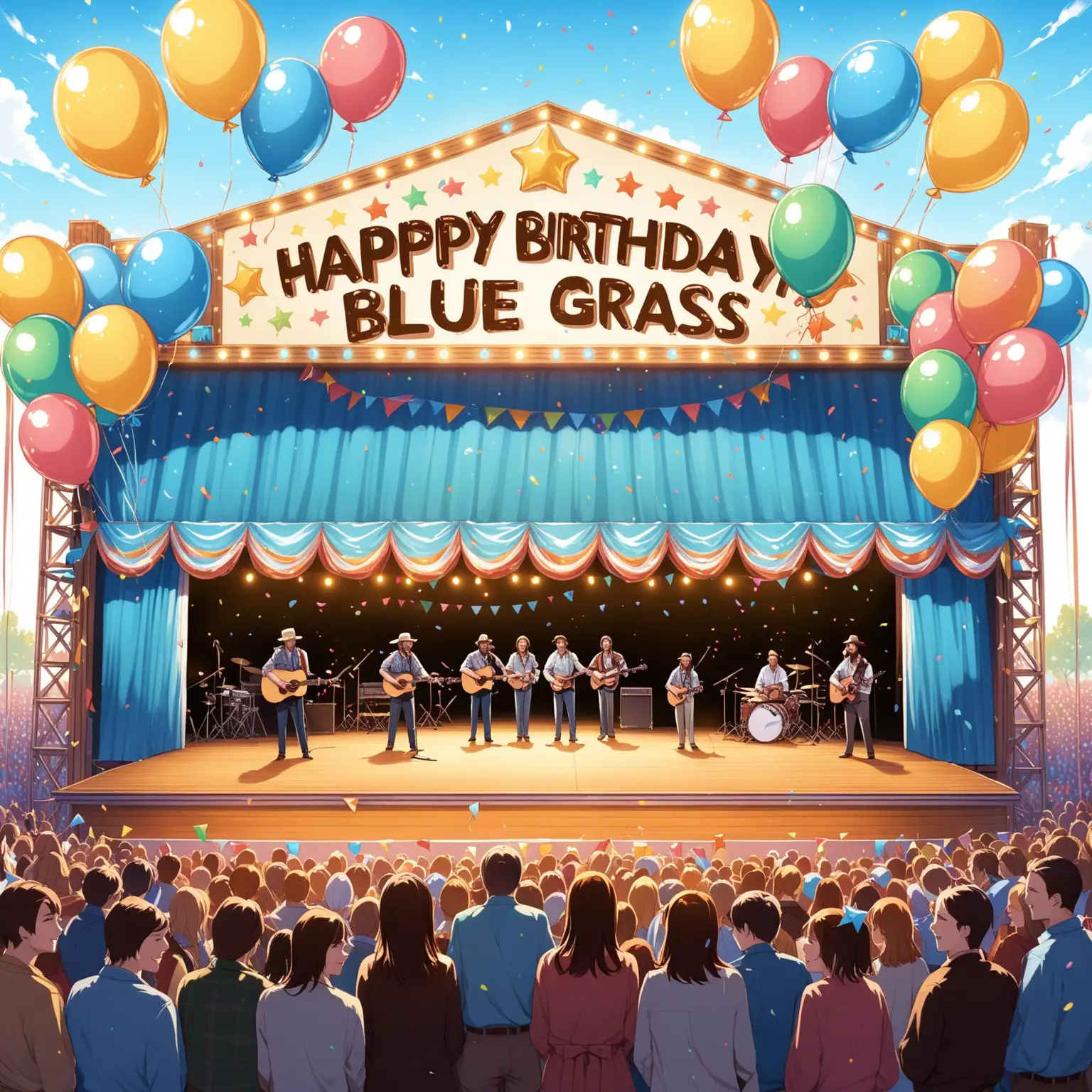 Happy Birthday blue grass band standing on a stage outside with people in front of the stage. There are birthday balloons on both sides of the stage and a banner hanging on the back of the stage

