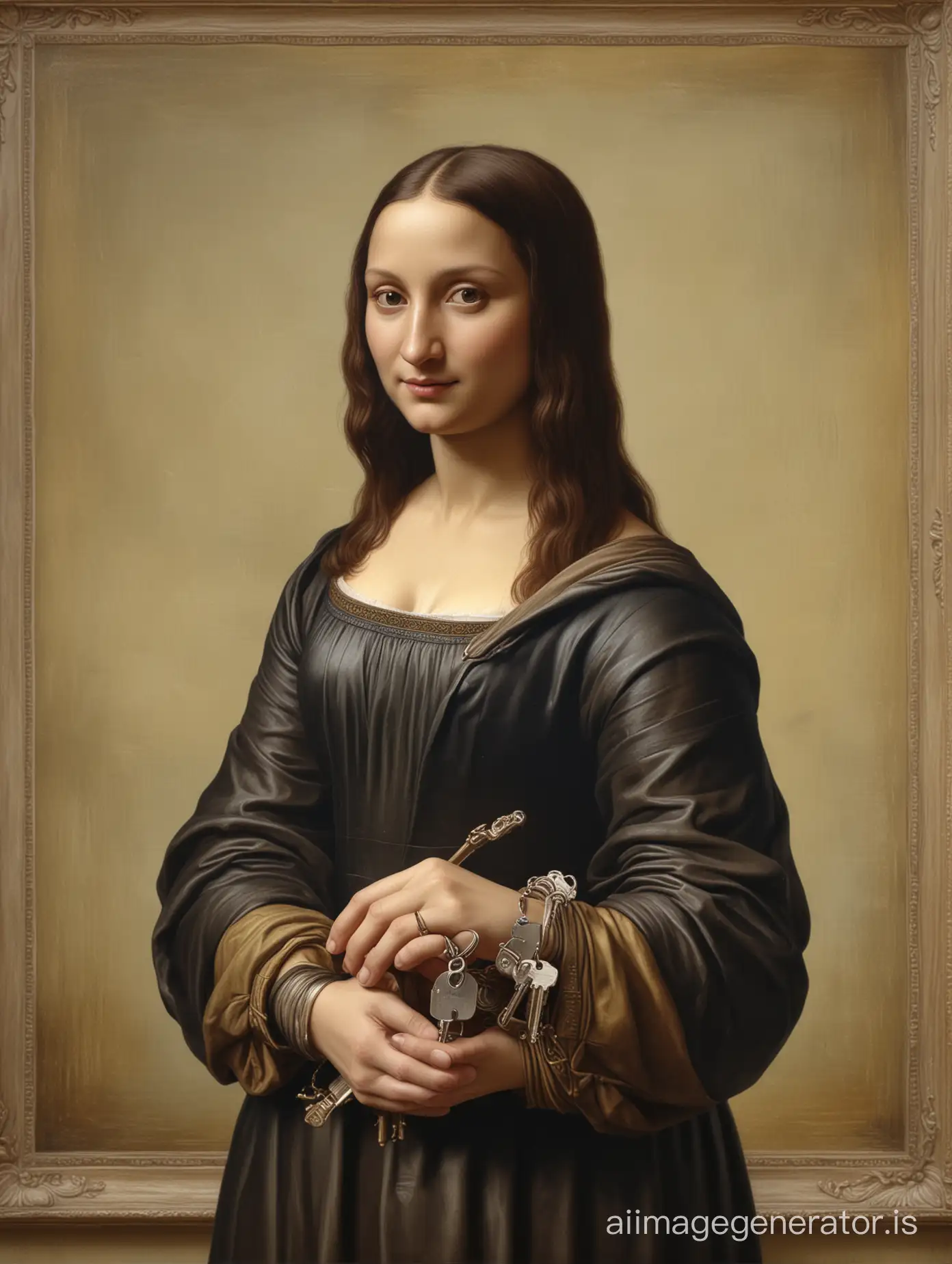 Mona Lisa holds the house keys in her hand and looks at the viewer, anatomically correct proportions, absence of artifacts, hyperrealism, 4K photo