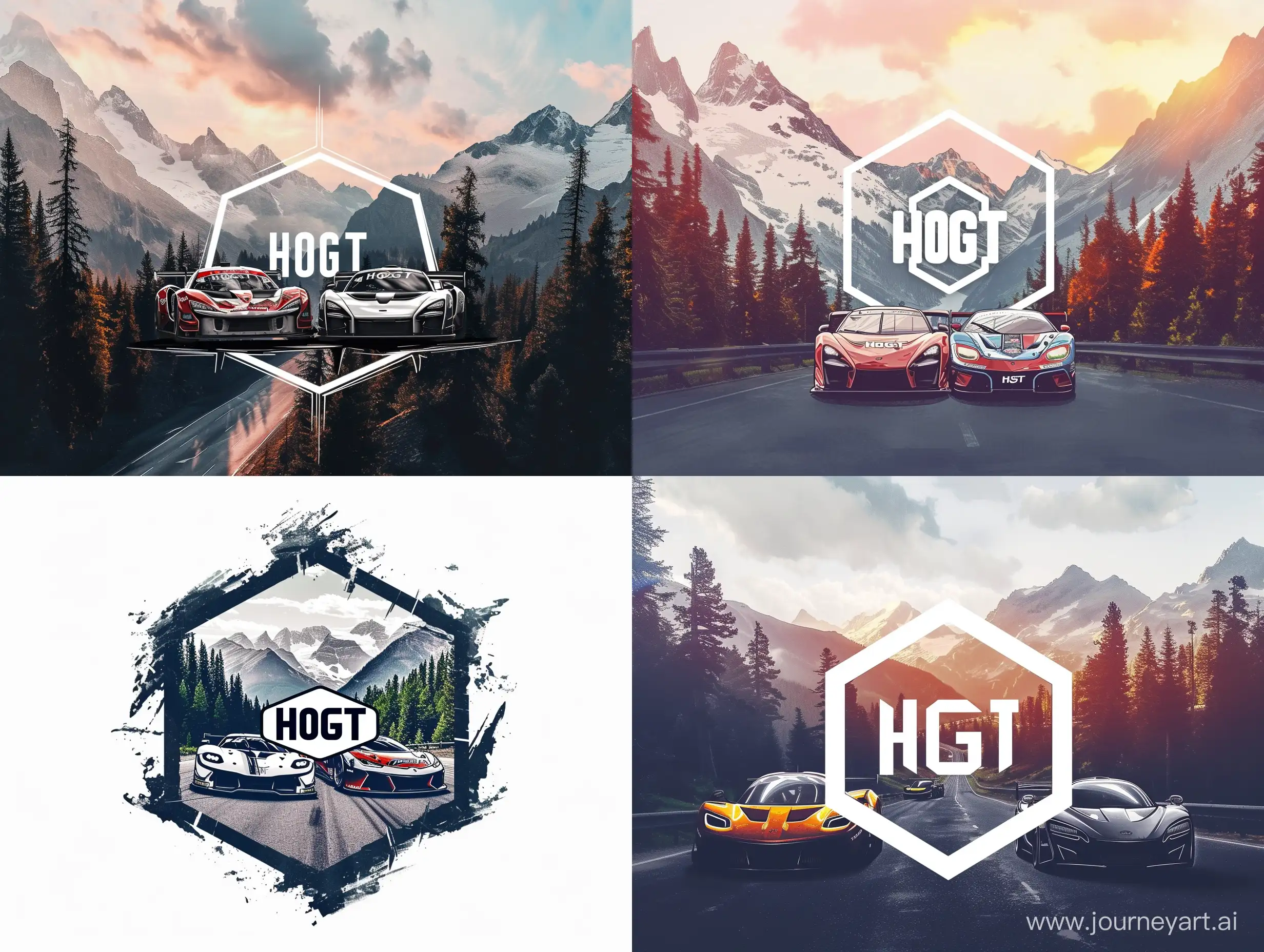 draw style car race logo, octagon shape, couple racing cars,
with HoGT tag in the middle, mountains with trees with road in backround