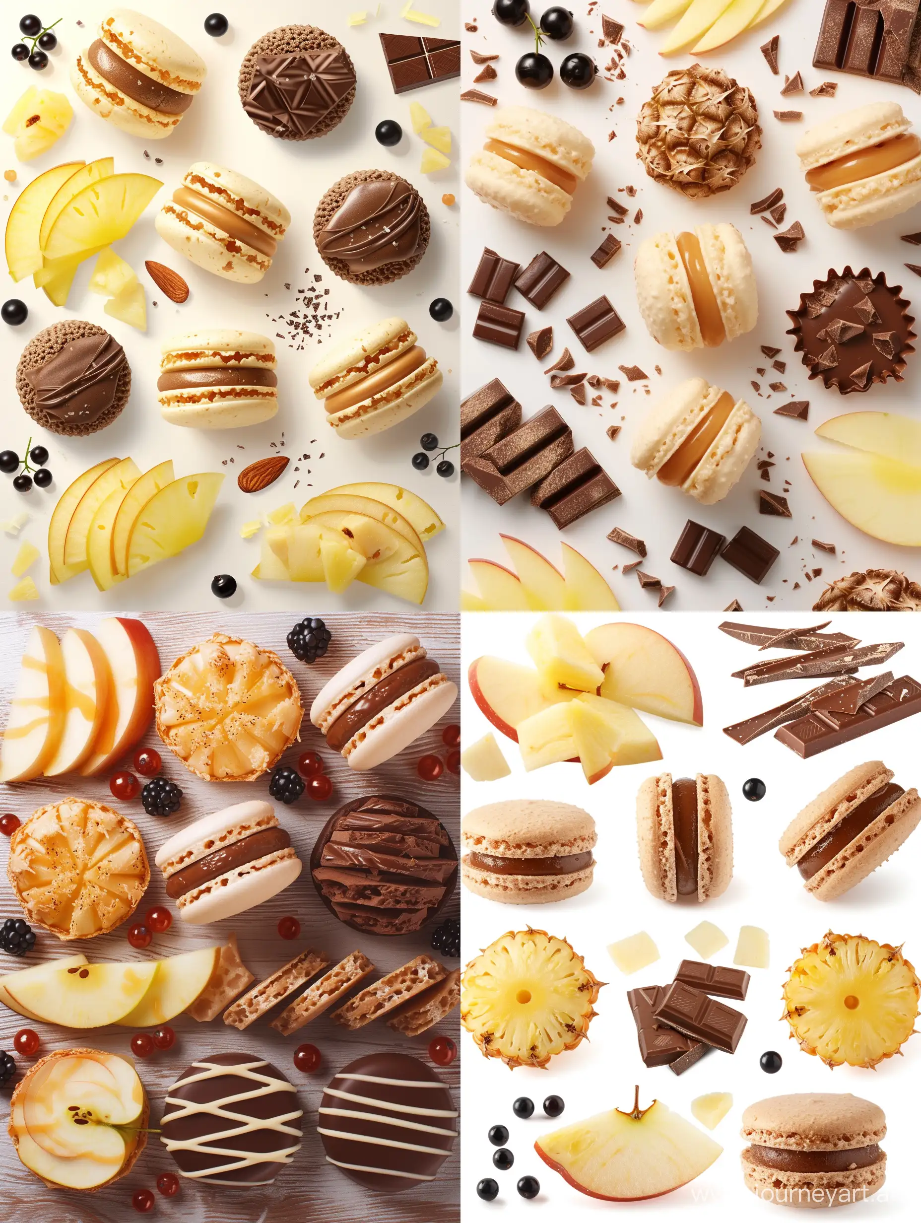 Macaroon, the taste of apple and caramel chocolate, the taste of pineapple with parmesan cheese, the taste of black currant, apple slices, chocolate slices, parmesan slices, several pieces, super realistic, without blurring