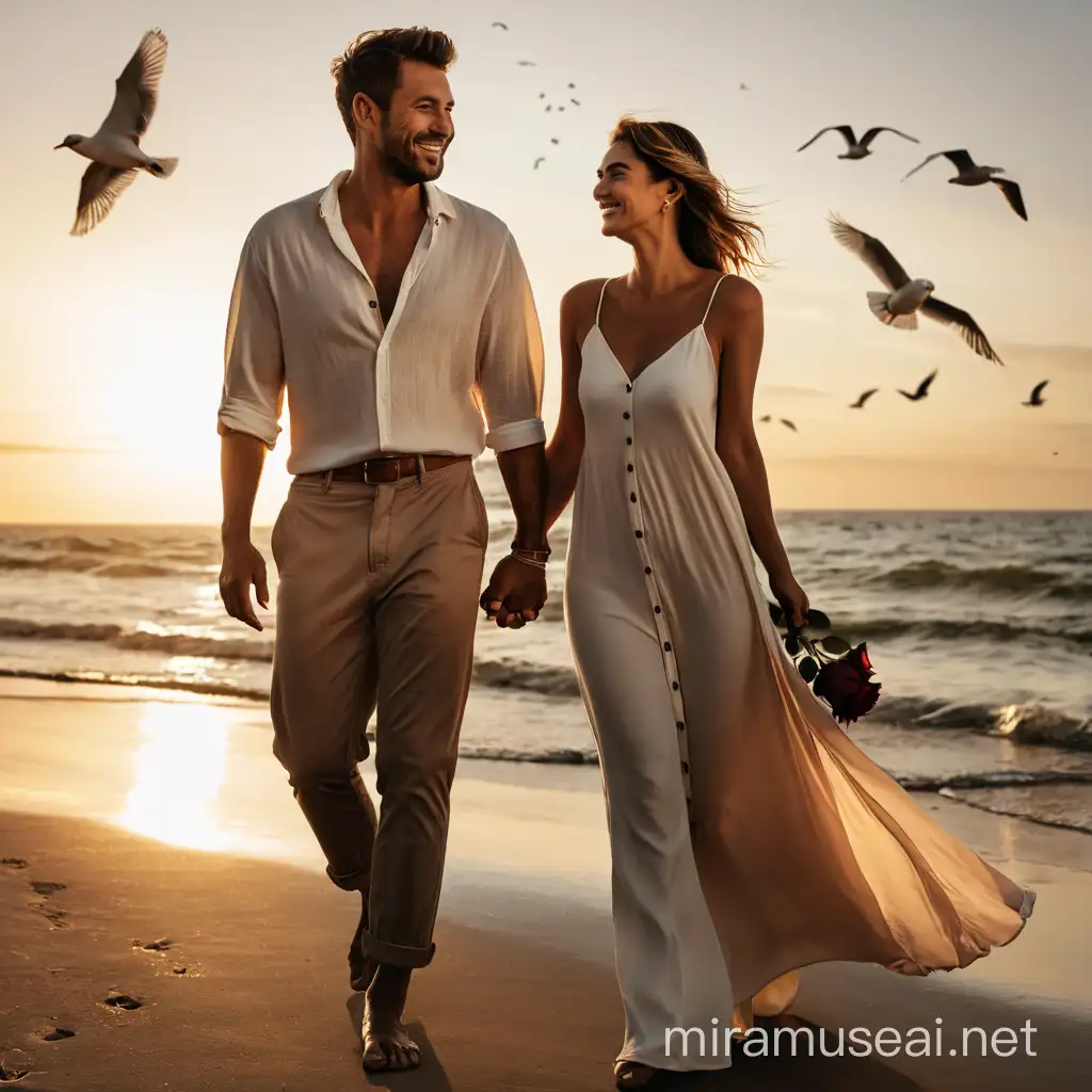 A couple walking on beach holding hands
The man is looking straight forward with a smile
The women looking at him with a rose in her other hand
Sea side on the left
Couples are white
The men should be well built, short hair
The lady should have hips and breast
Its during the sunset scene
A few birds in the sky
Men shirt baggy