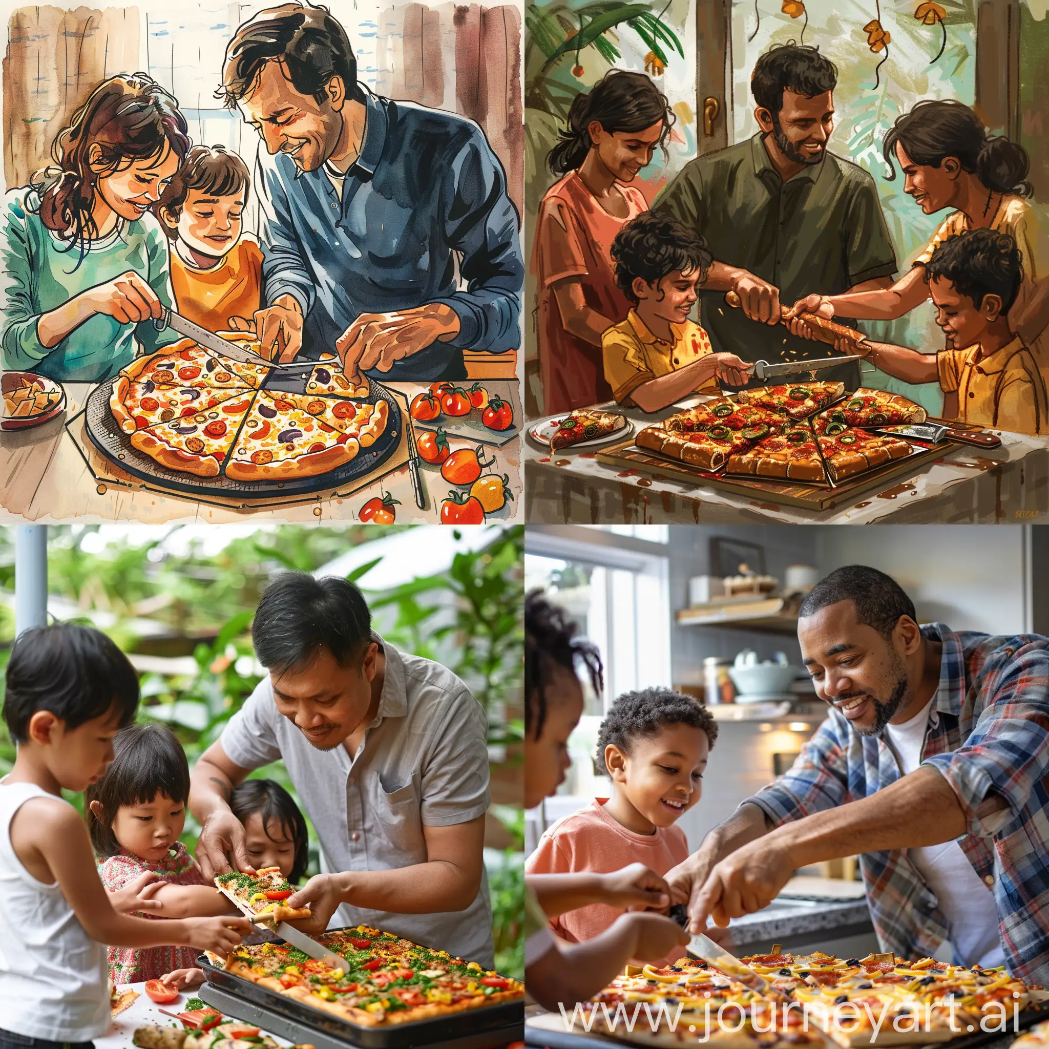 A family celebrating the father by sharing a cake made from kebab pizza. Father is cutting the cake using a pocket knife.