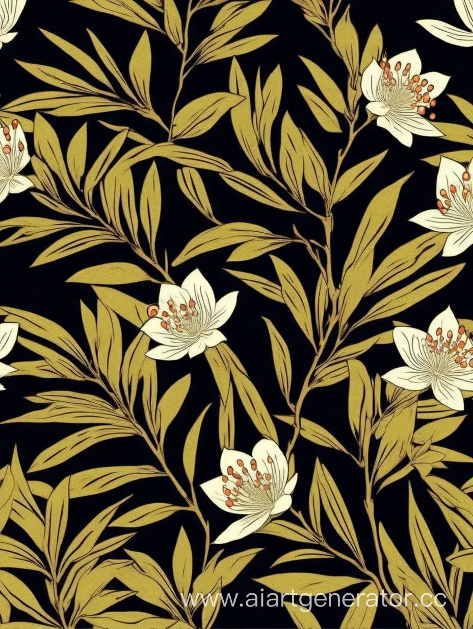 Ukiyo-e style olive color botanical seamless pattern black background 