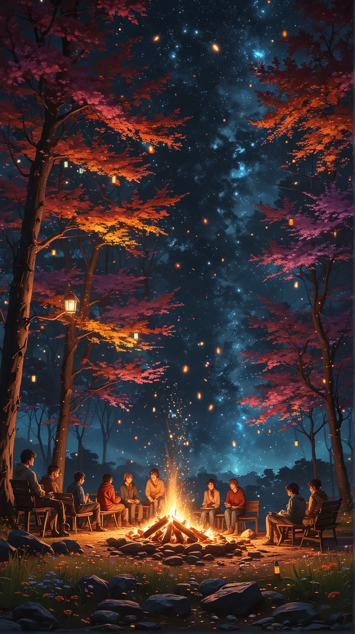Campfire Gathering Under Starlit Sky with Vibrant Lanterns and Floral Dcor