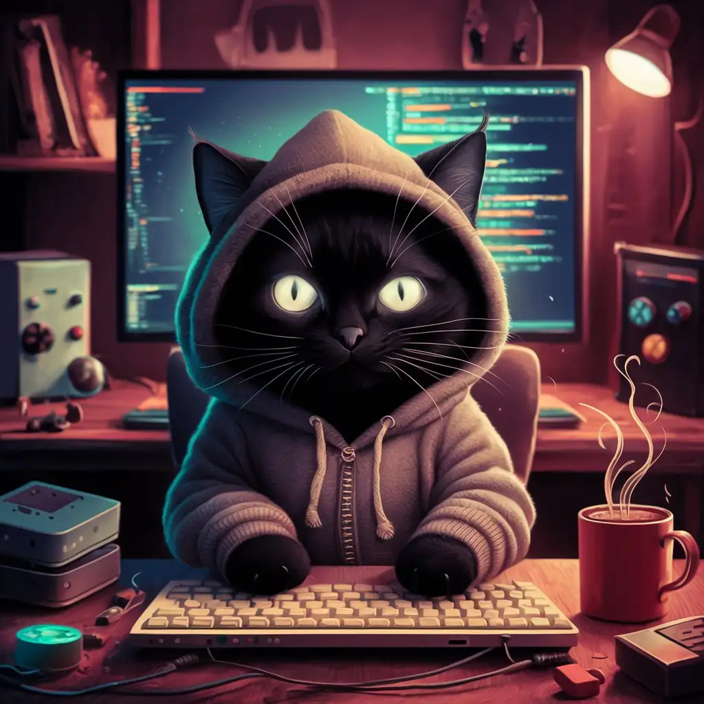 A midnight cat in a hoodie sits at his computer