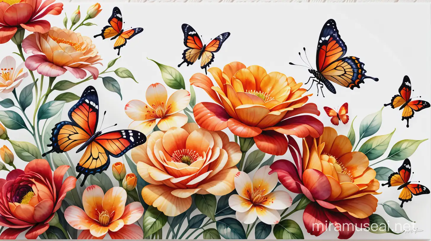 A stunning, vibrant 3D render of a watercolor-style painting featuring a beautiful bouquet of mixed orange, yellow, and red flowers. The flowers are intricately detailed, with each petal capturing the essence of the colors. Delicate butterflies with translucent wings are perched upon the flowers, adding a touch of realism to the scene. The entire painting sits on a crisp white background, highlighting the rich colors and the skillful blending of the watercolor technique., 3d render



