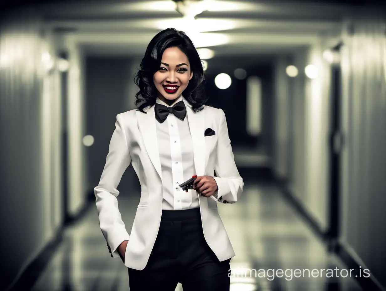 A sophisticated and confident Malaysian woman with shoulder length hair and lipstick is walking toward you down a darkened hallway.  She is wearing a tuxedo with a white jacket.  Her shirt is white with double French cuffs and a wing collar.  Her bowtie is black.  Her cufflinks are silver.  Her pants are black.  She is pointing a gun at you.  She is smiling and laughing.