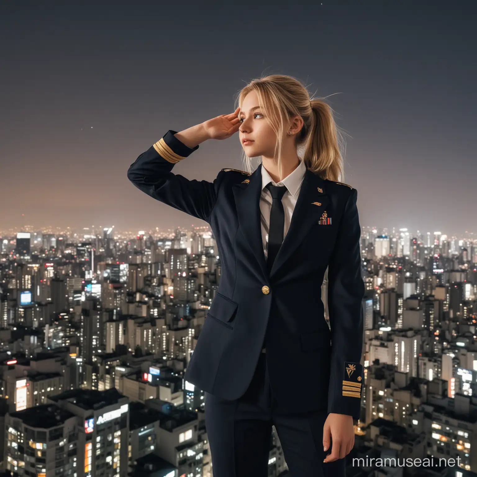 one blonde teenager girl standing on top of a building, wearing suit, military salute, her hair moved by air, pov, Tokyo, night, clear sky, serious vibes, taken by professional photographer, best quality, best camera