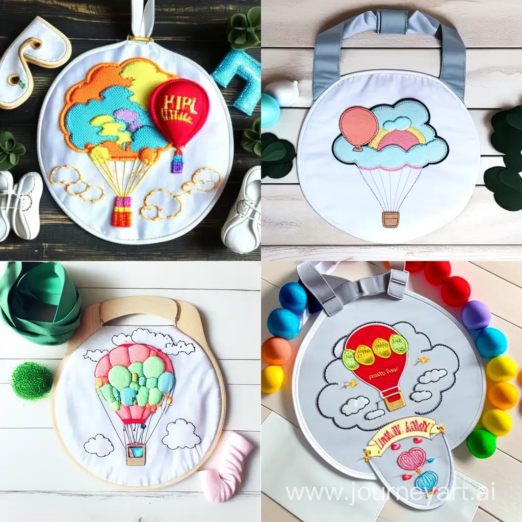 Baby bib embroidery design. The design is suitable for children, with bright colors and includes a balloon, clouds and the word “Family Future” in small, flowing font