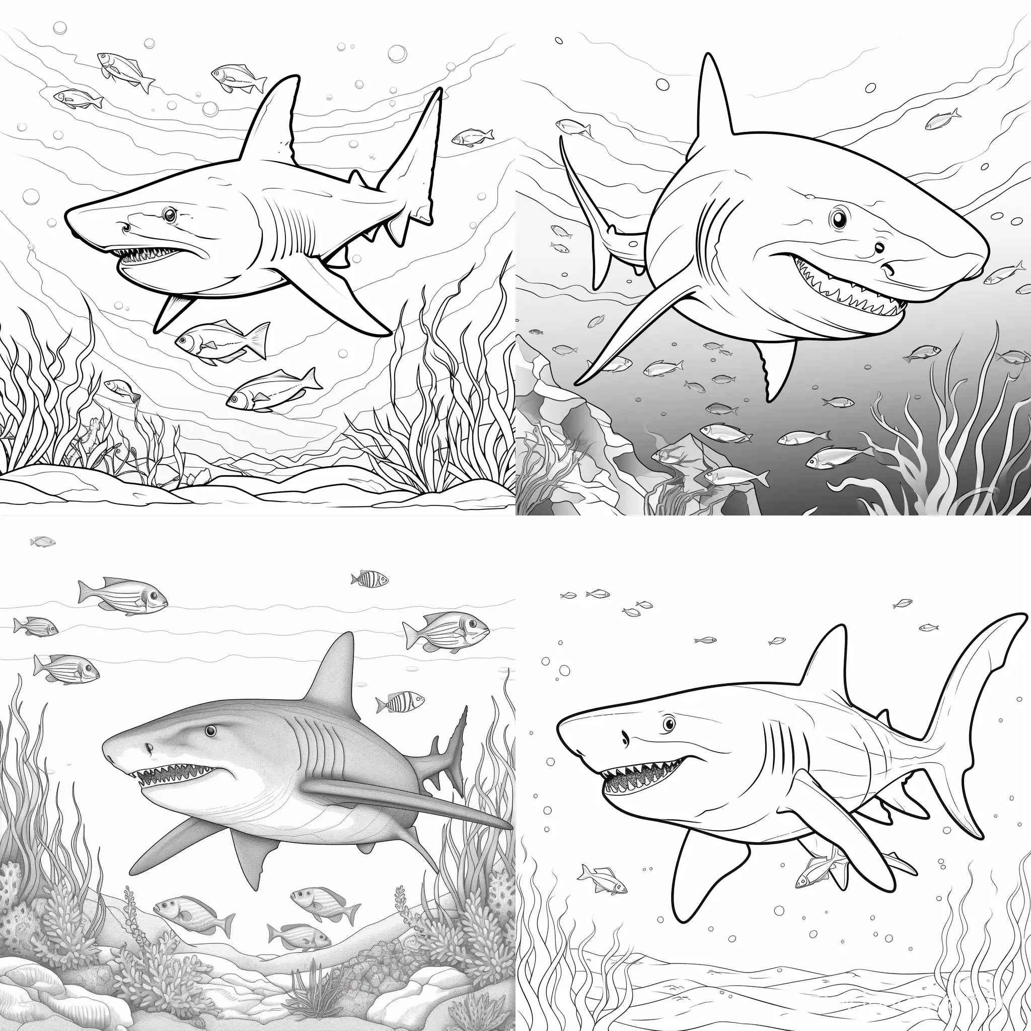 shark image, childrens colouring book, stencil, no background, fine lines, black and white, friendly cartoon, lines only, 50 image