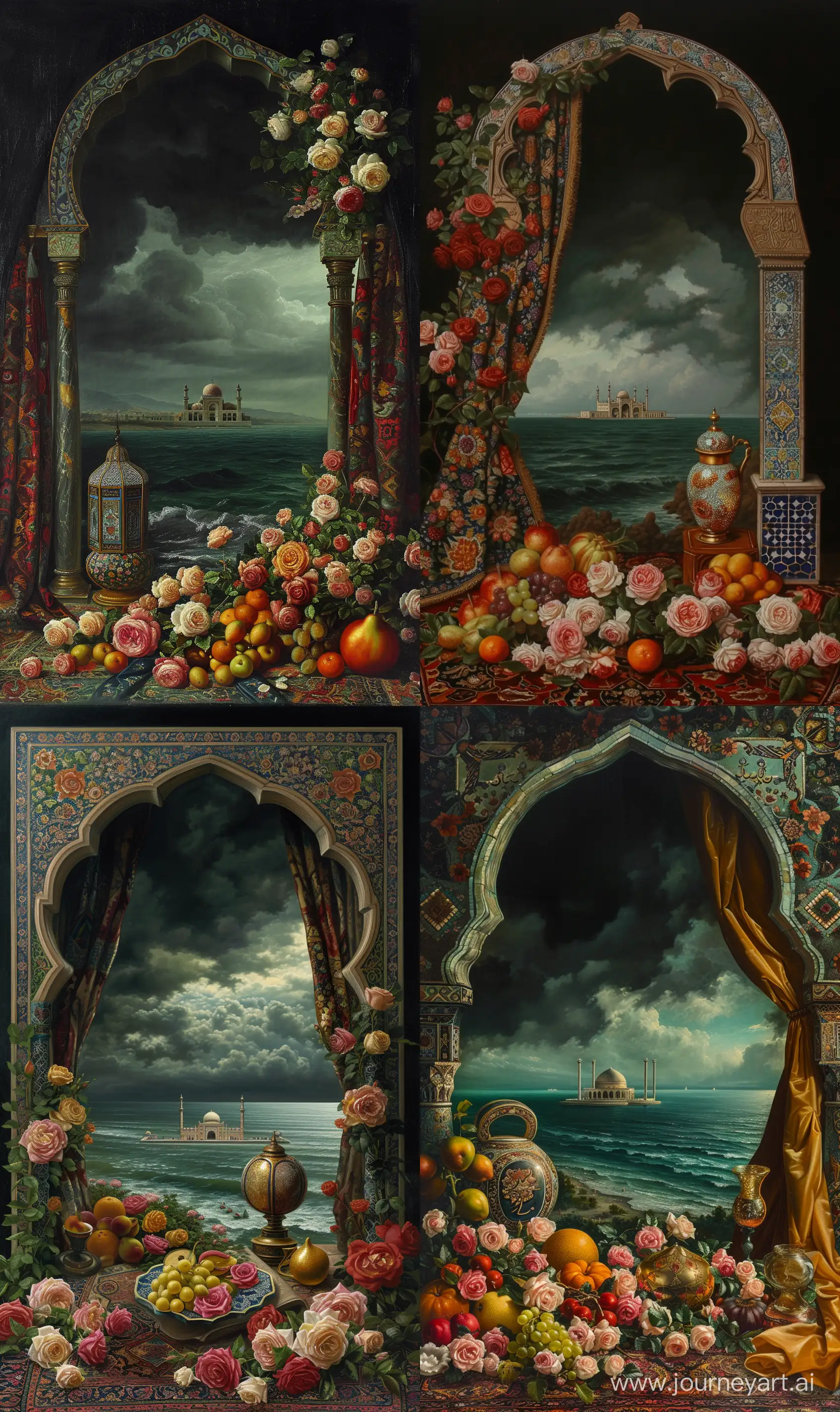Medieval European portrait painting in style of Thomas Lawrence, depicting islamic lusterwares and islamic lamp and fruits and many rose flowers on a persian carpet, view of a islamic tiled mosque beyond sea from Timurid arch, arabian curtain on side, dark black greenish cloudy background --ar 3:5 --v 6