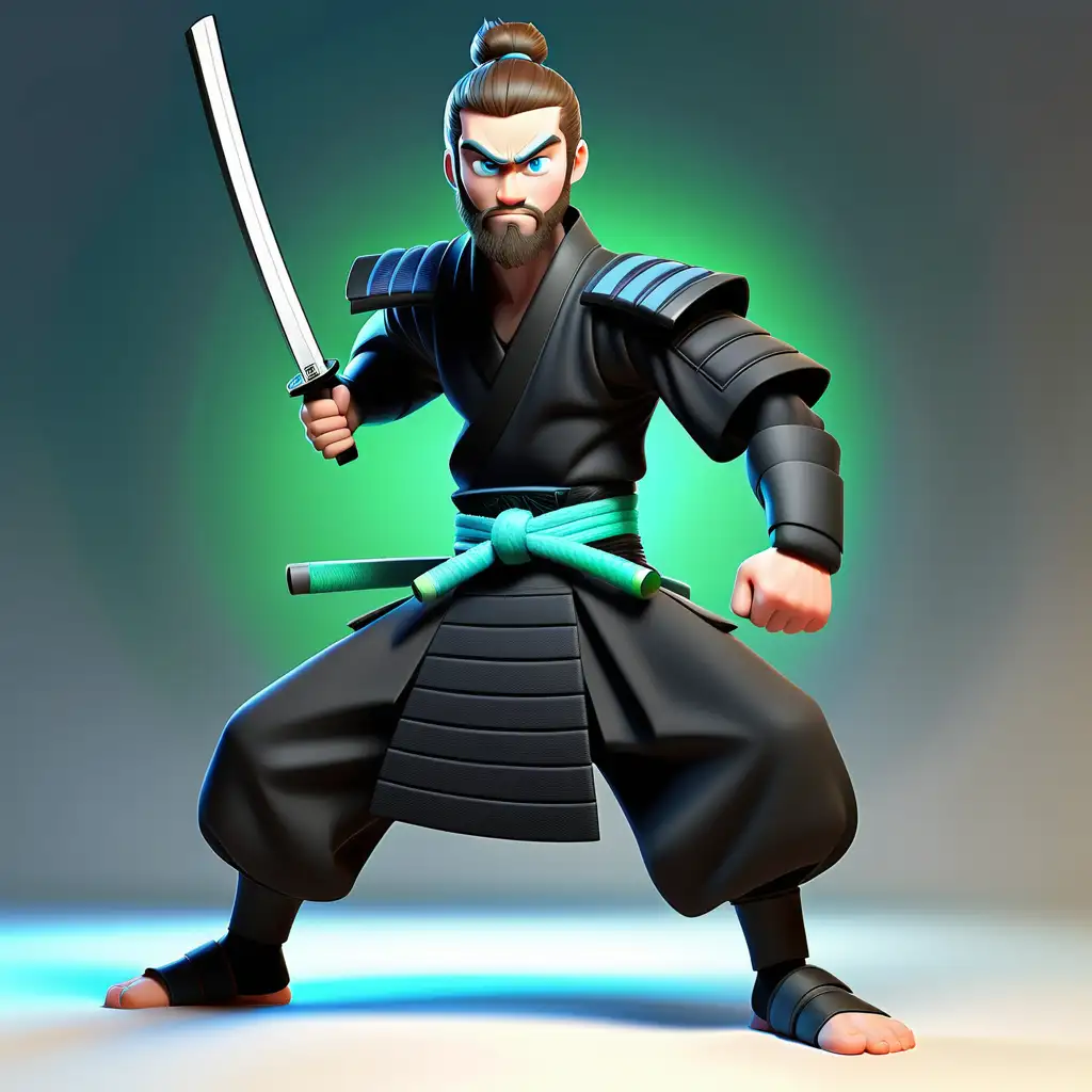A young male, beard, black samurai clothing, green belt, blue eyes, heroic pose, pixar themed, studio background. Full body fight pose. White male.