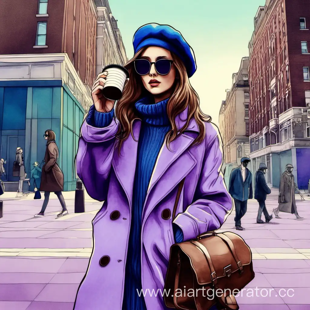 девушка, город, кофе, сумка, берет, пальто, солнечные очки, сиреневый, голубой, коричневый