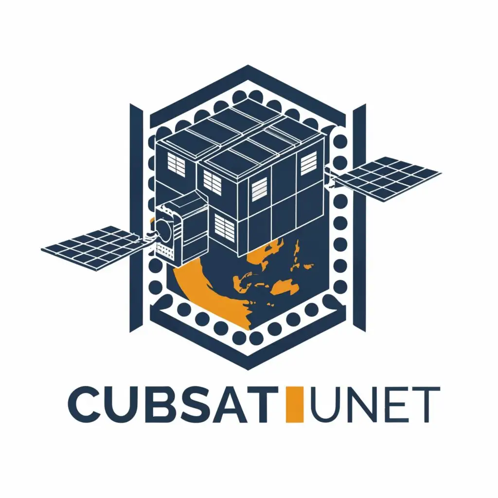 logo, Cubic,Satellite, earth orbit, solar panel, antennna, white background, dark blue, pentagon shield, with the text "cubesat unet", typography, be used in Education industry