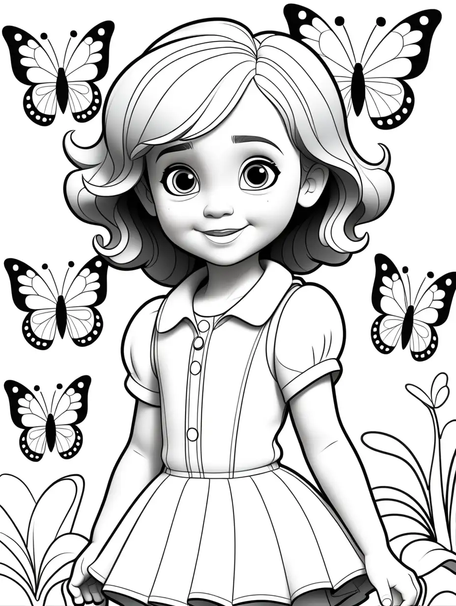 toddler coloring page, outline only, no dither, no fill, pixar cartoon, butterflies