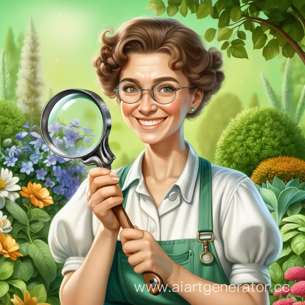 Smiling-Russian-Garden-Therapist-with-Antique-Magnifying-Glass-and-Garden-Saw