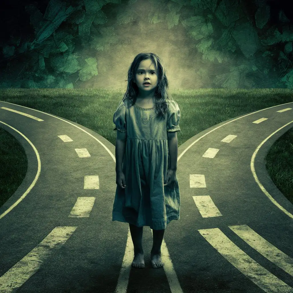 Young girl struggling to make a choice between two paths for the future, serious, dramatic, heart wrenching