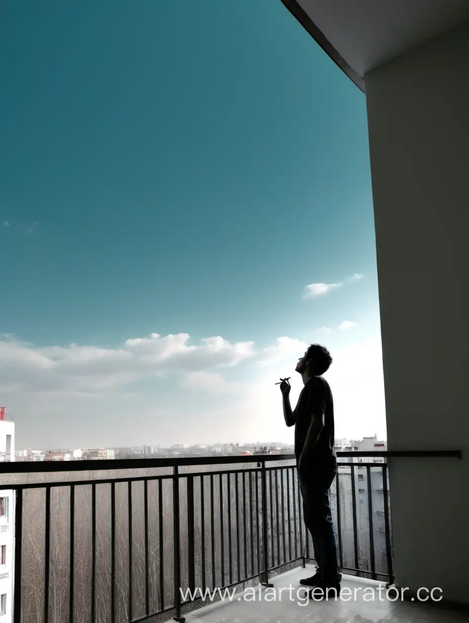Человек стоит на балконе смотрит на небо и курит.
Вид из угла балкона