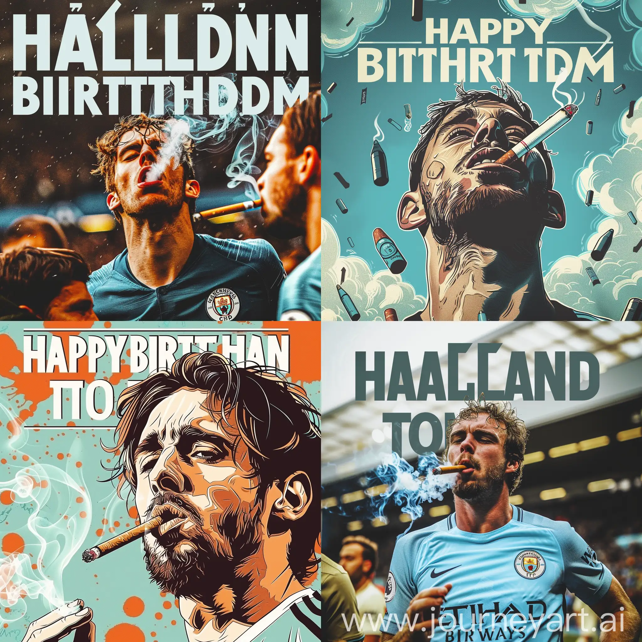 create a funny and cringe man city themed poster with haaland smoking and a title saying happy birthday tom