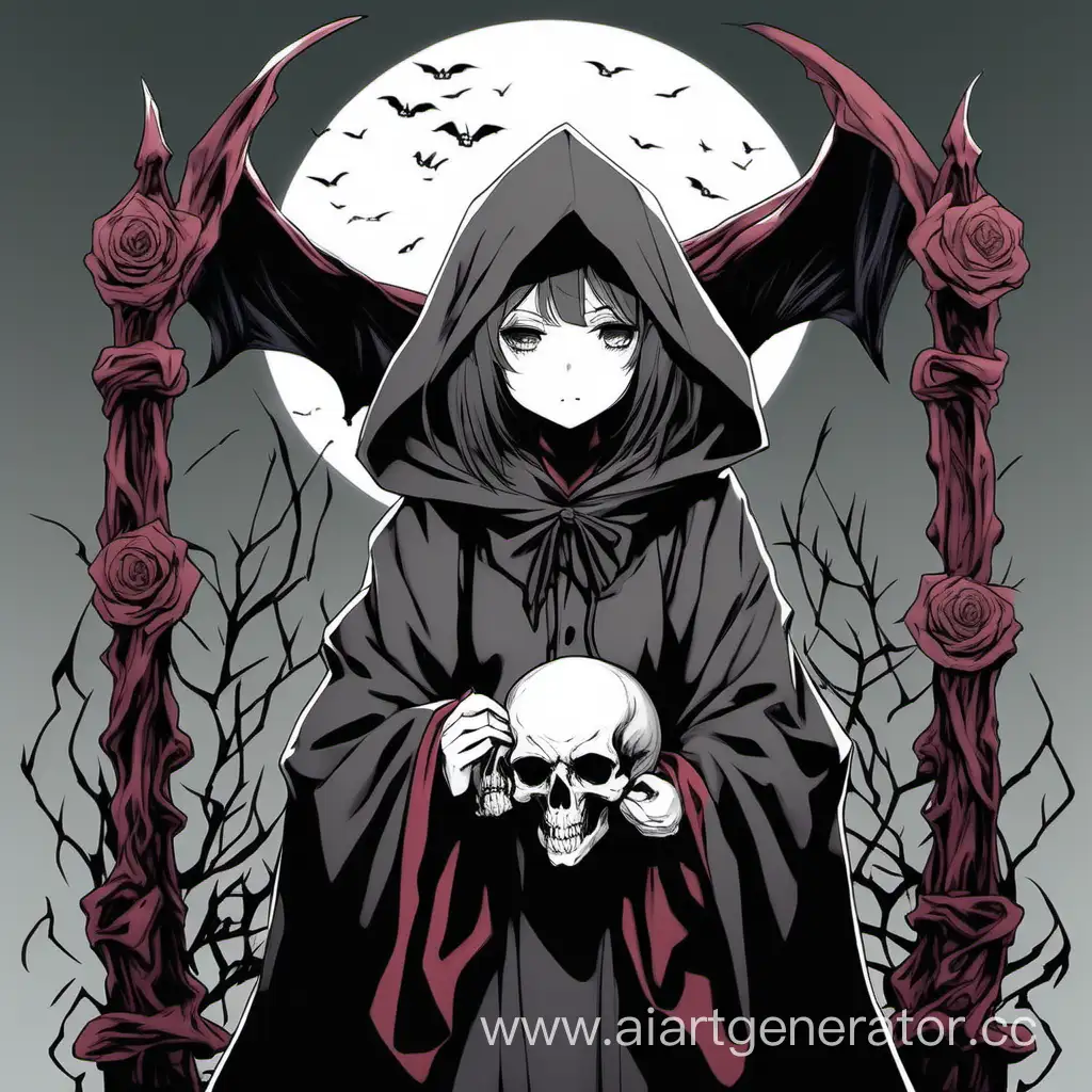 Anime girl modest, in a cloak, holding a skull, with a sad face, associated with Satan
